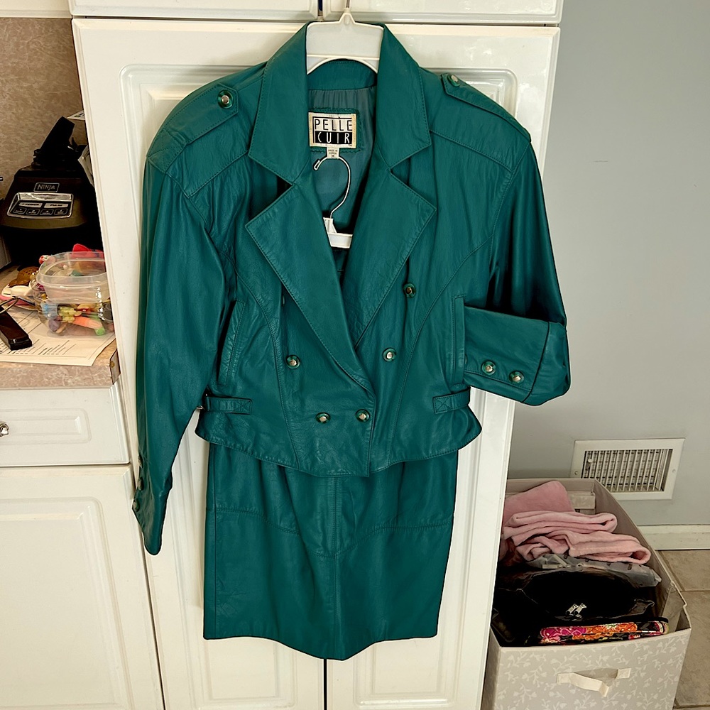 Beautiful Emerald Green leather jacket & skirt